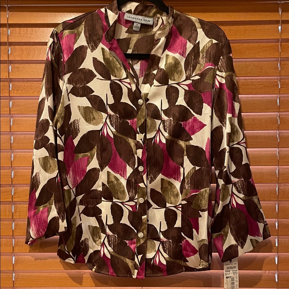 Samantha Grey Women's Leaf Print Blouse - Pink, Brown & Cream